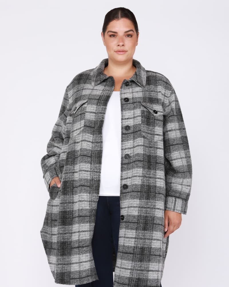 Vikki Brushed Wool Plaid Shacket Light Grey Charcoal Grey
